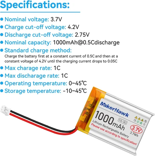 Miniatura 2 de MakerHawk Batería Lipo de 3.7V 1000mAh 803040 Batería recargable de polímero de litio con micro PH1.25 Conector Circuito de protección integrado