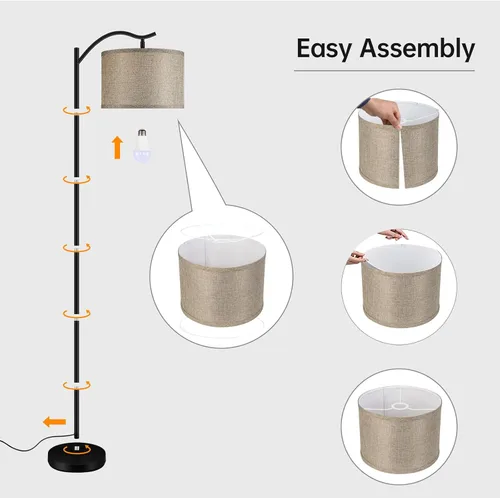 Miniatura 7 de BoostArea Lámpara de pie para sala de estar, lámpara arqueada LED de 9 W, altura moderna con pantalla de lino de tela, 3 niveles de brillo, enchufe