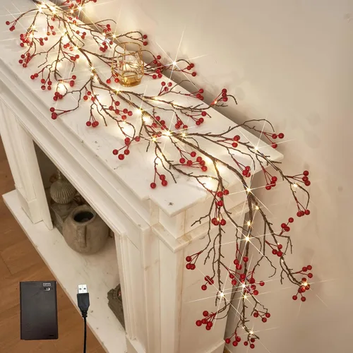 Hairui - Guirnalda de bayas rojas con luces de 6 pies, funciona con pilas con temporizador, guirnalda iluminada con 120 luces de hadas LED para