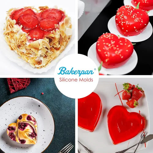 Miniatura 6 de Bakerpan Moldes de silicona con forma de corazón de San Valentín para hornear, juego de 2 moldes para tartas en forma de corazón