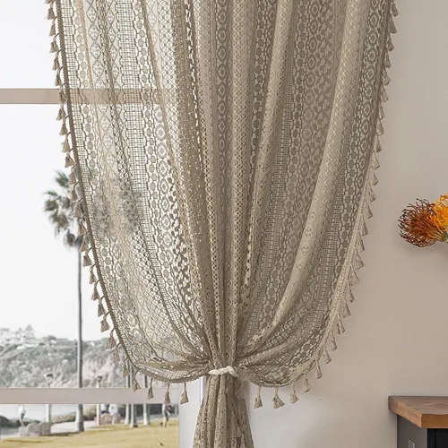 Miniatura 31 de WAZZIO Cortinas de Encaje, Cortina Boho de Crochet para Dormitorio, Cortinas de Café de Algodón, 45 Pulgadas de Largo, 2 Paneles con Bolsillo