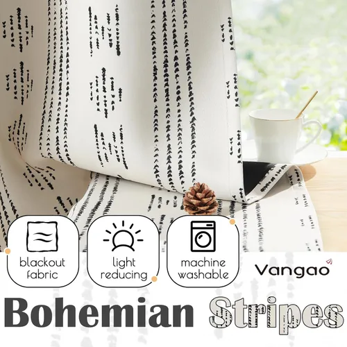 Miniatura 5 de Vangao Cortinas bohemias 100% opacas de 63 pulgadas de largo, para dormitorio, sala de estar, estampado geométrico, oscurecimiento de la habitación
