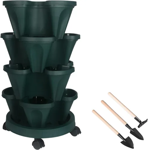 Miniatura 16 de Macetas apilables de polipropileno DUNCHATY, de 5 niveles, verde pino, para interior/exterior, 29" de altura x 13.6" de diámetro 2-1 Paquete