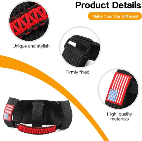 Miniatura 6 de 4 asas de agarre de barra antivuelco con paracord Compatibles con 1955-2023 Jeep Wrangler YJ TJ JK JKU JL JLU & Gladiator JT, Negro & Rojo, Bandera