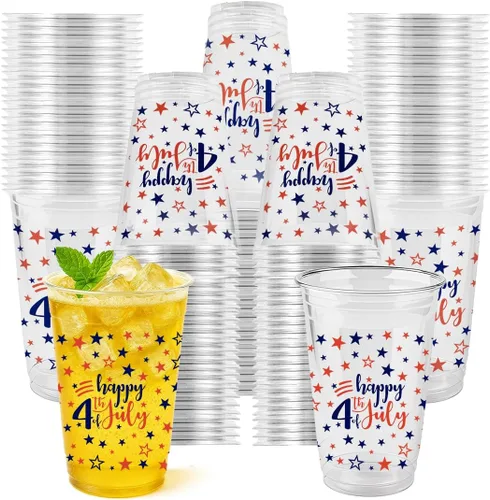 60 piezas Tazas del 4 de julio, vasos de plástico patrióticos de 16 oz con estrellas rojas, blancas y azules, decoraciones para suministros de