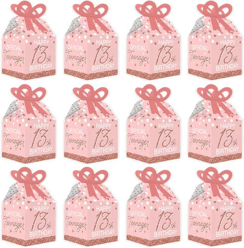 Miniatura 4 de Big Dot of Happiness 13º cumpleaños rosa oro rosa – Cajas de regalo cuadradas – Cajas de lazo para fiesta de feliz cumpleaños – Juego de 12