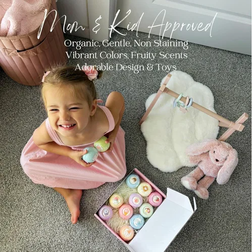 Miniatura 6 de EvolutionUSA Juego de 12 bombas de baño Bloom con juguetes, adorable set de bombas de baño para niñas, bombas de baño burbujeantes para niños, bola
