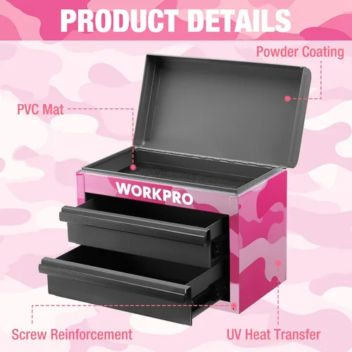 Miniatura 5 de WORKPRO Mini caja de herramientas de metal, caja de herramientas superior que contiene dos cajones con deslizadores de rodamientos de bolas, forros