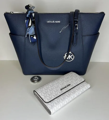 Miniatura 3 de Michael Kors Charlotte Bolso grande con cremallera y gancho triple a juego azul marinoSignature MK blanco brillante NavySignature Mk Bright White