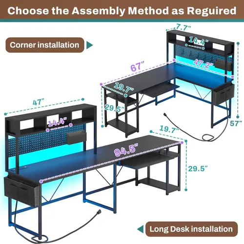Miniatura 3 de SEDETA Escritorio para juegos en forma de L, escritorio reversible para computadora con toma de corriente y tablero de clavijas, escritorio