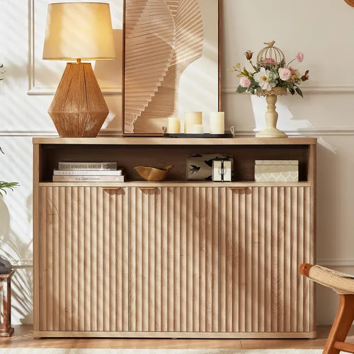 Miniatura 19 de LEYAOYAO Gabinete de buffet acanalado con almacenamiento, aparador de madera de 45 pulgadas de ancho con 3 puertas y estante de almacenamiento
