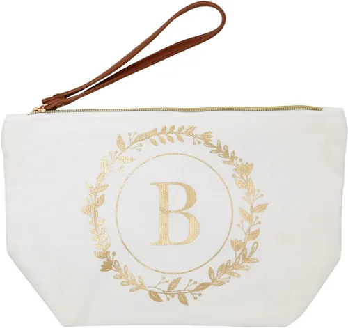 Miniatura 8 de Bolsa de maquillaje personalizada con inicial dorada para mujer, bolsa de cosméticos de lona con monograma, color blanco, Blanco, Dorado, B