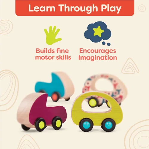 Miniatura 4 de B. toys Juego de autos de juguete de madera con 6 vehículos coloridos para niños y niños pequeños - Camiones duraderos - Fácil - Juguetes para niños