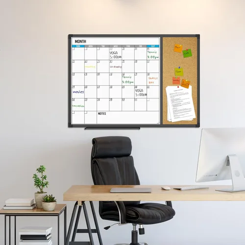 Miniatura 5 de XBoard Pizarra de borrado en seco con calendario 28 X 20 - Juego de pizarra con calendario mensual, pizarra blanca magnética + corcho con marco
