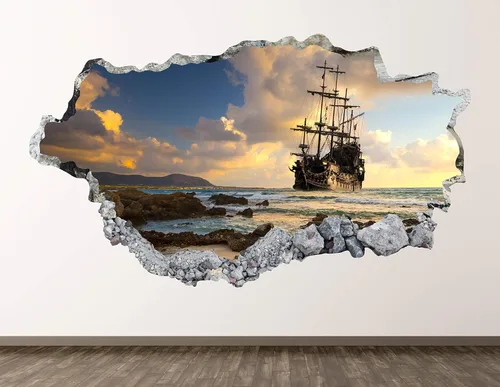 Calcomanía de pared de barco pirata antiguo, decoración artística en 3D, póster para habitación de niños, mural personalizado, regalo BL1039 (22