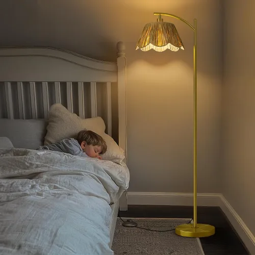 Miniatura 6 de Oneach Lámpara de pie arqueada para sala de estar, lámpara de pie de ratán boho con pantalla tejida a mano, interruptor a pedal, base y poste de Oro