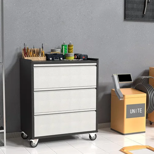 Miniatura 6 de IDEALHOUSE Armario de herramientas rodante resistente con 3 cajones, carrito de almacenamiento de metal industrial para organización de garaje