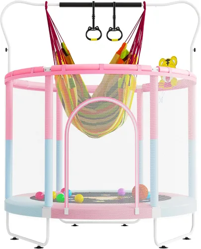 VGMiu Trampolín de 60 pulgadas para niños, cama elástica de 5 pies para interiores y exteriores con aro de baloncesto, recinto de seguridad, regalos