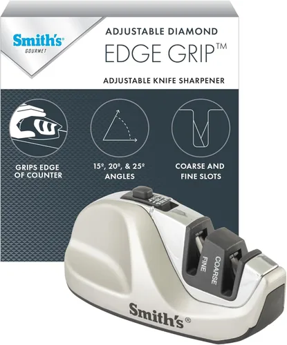 Smith's 51023 Afilador de agarre con borde de diamante ajustable, color gris, afiladores gruesos y finos, compacto, base antideslizante estable,