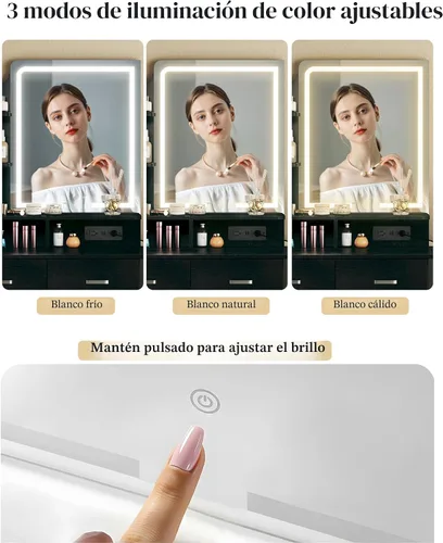 Miniatura 8 de ALEXNUTRE Escritorio de maquillaje con espejo y luces, pequeño tocador con cajón de almacenamiento de tela, silla y estantes, tocador con panel