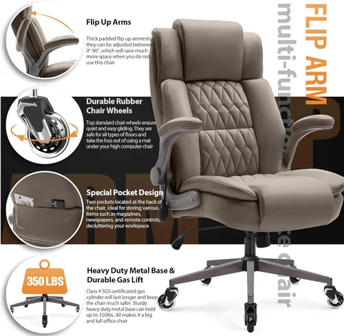 Miniatura 5 de Silla de oficina grande con respaldo alto, soporte lumbar ajustable, brazos abatibles, ruedas silenciosas resistentes, base de metal, cuero Caqui
