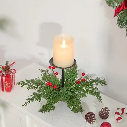 Miniatura 5 de Heleze Juego de 3 portavelas de Navidad, portavelas de hierro negro con bayas rojas de cedro sintético, soporte de metal decorativo de 7.1 pulgadas