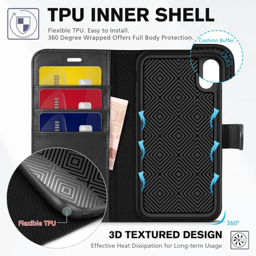 Miniatura 5 de TUCCH Funda tipo cartera para iPhone XR, función atril con bloqueo RFID, ranura para tarjetas de crédito, de piel sintética, con carga inalámbrica
