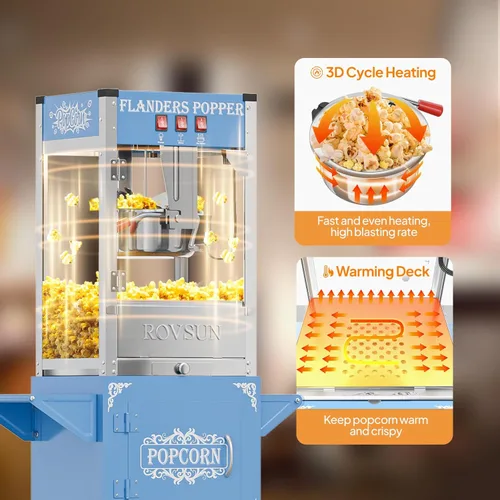 Miniatura 2 de ROVSUN Máquina de palomitas de maíz con carrito, ruedas y hervidor de 8 onzas que hace hasta 32 tazas, certificada ETL, máquina de palomitas de maíz
