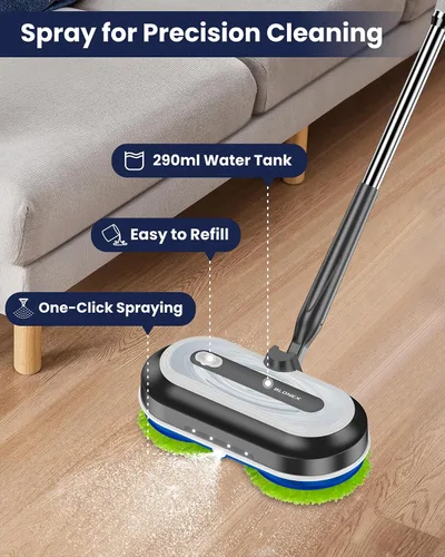 Miniatura 11 de Blonex Limpiador de piso inalámbrico eléctrico, trapeador eléctrico giratorio con faros LED y rociador de agua, batería de larga duración, tanque