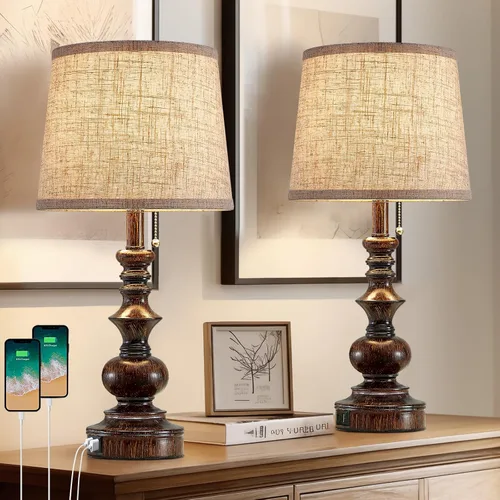 Drawealth Juego de 2 lámparas de mesita de noche de granja de 22 pulgadas para dormitorio, lámparas de mesita de noche con puertos de carga USB A+C,