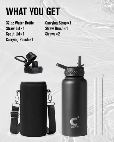 Miniatura 7 de Coolplus - Botella de agua de 32 onzas aislada, termo de agua de acero inoxidable con popote de metal de doble pared al vacío con funda de Negro