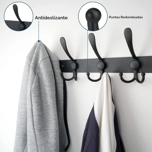 Miniatura 4 de TICONN Perchero montado en la pared, cinco ganchos triples resistentes de construcción totalmente metálica para chaqueta, abrigo, sombrero en Negro