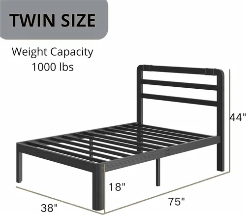 Miniatura 2 de ZIYOO 18 Inch Twin Metal Platform Bed Frame with Headboard, 1000 LBS Sturdy Steel Slat Bed Base, Noise Resistant, No Box Spring Needed, Easy