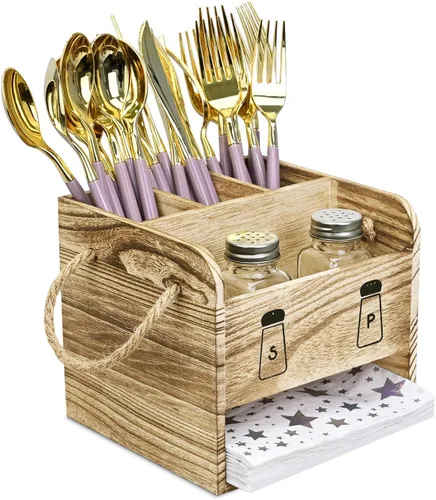 Ikee Design Organizador de utensilios de madera, organizador de cubiertos con 5 ranuras, cuenta con asas e incluye salero y pimentero, ideal para