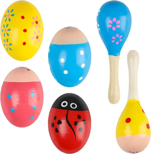 Juego de cocteleros de huevos de madera de Pascua (6 piezas), 4 huevos de Pascua y 2 maracas | Instrumentos de percusión de mano para práctica y