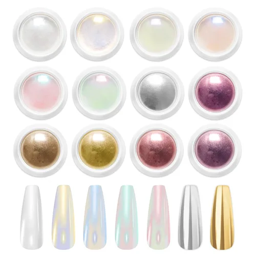 Miniatura 21 de 【Efecto espejo metálico n.º 1】Polvo de uñas cromado dorado LEDSUUEI – Polvo holográfico Aurora iridiscente perlado dorado cromado, blanco, perla