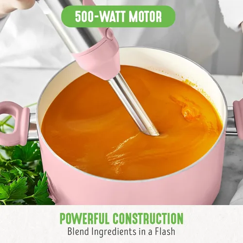 Miniatura 5 de GreenLife Batidora de mano eléctrica de inmersión de 500 vatios con cuchillas de acero inoxidable, batidor, espumador, taza y tapa medidora, sopas