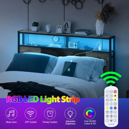 Miniatura 6 de Livofloral Cabecera tamaño Queen, cabeceros con estación de carga, puerto USB y luz LED, tablero principal con estante de almacenamiento de 2