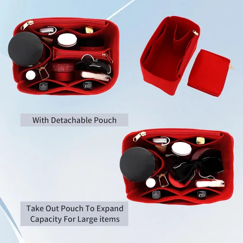Miniatura 3 de Organizador de bolsas de fieltro compatible con Speedy, Neverfull, organizador de bolsos de alta calidad con bolsillos con cremallera (M, rojo)