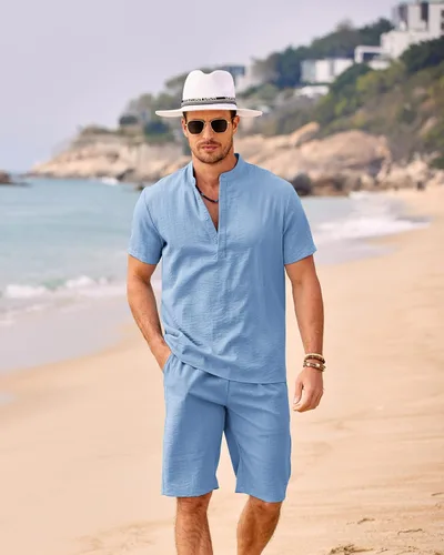 Miniatura 2 de COOFANDY Conjunto de 2 piezas de lino para hombre, camisas Henley casuales de manga corta, pantalones cortos de yoga para playa, pantalones cortos