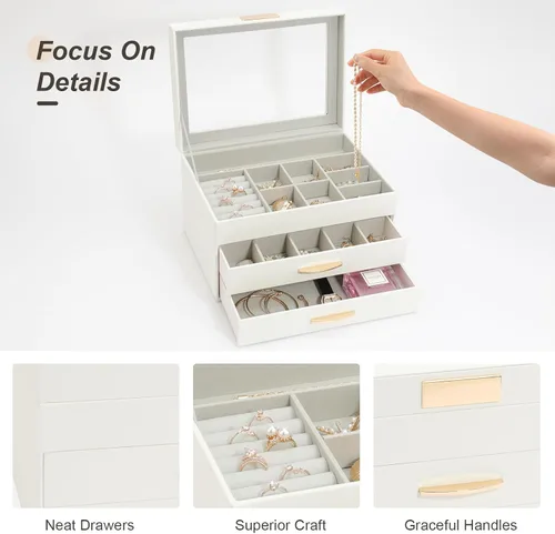 Miniatura 3 de V-LAFUY Joyero con tapa de vidrio, caja organizadora de joyas de 3 capas y 2 cajones, vitrina de joyería, organizador de joyas, cajas de joyería