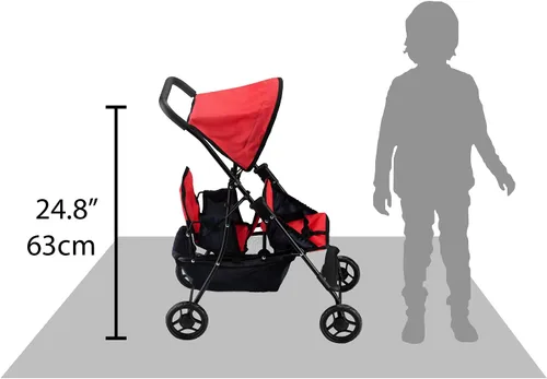 Miniatura 7 de Hushlily® Tandem - Cochecito de muñeca doble con toldo ajustable y cesta, plegable, con ruedas suaves (rojo y azul)