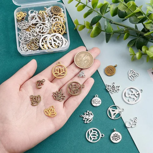Miniatura 3 de SUNNYCLUE 1 caja 68 dijes de loto para yoga, flor de loto, dije hueco OM Yoga Chakra Energía Dijes planos redondos para hacer joyas, collares