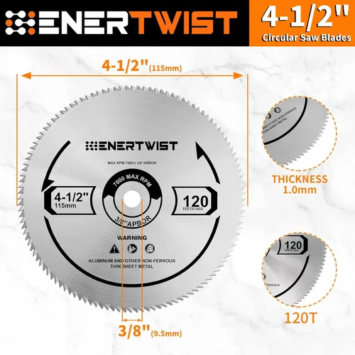 Miniatura 2 de ENERTWIST - Juego de 2 hojas de sierra circular de 4 1/2 pulgadas, 120 dientes, con eje de 3/8 pulgadas (9.5 mm) para corte rápido y suave en madera
