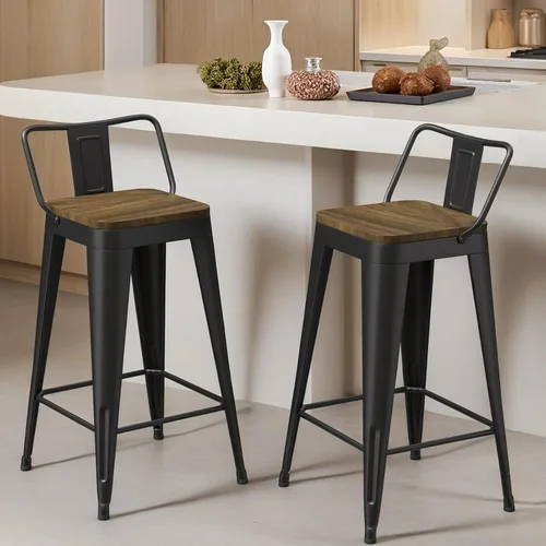 Miniatura 11 de Juego de 4 taburetes de bar de metal, taburetes de bar con respaldo alto con asiento de madera, taburetes de bar negros de 24 pulgadas para isla