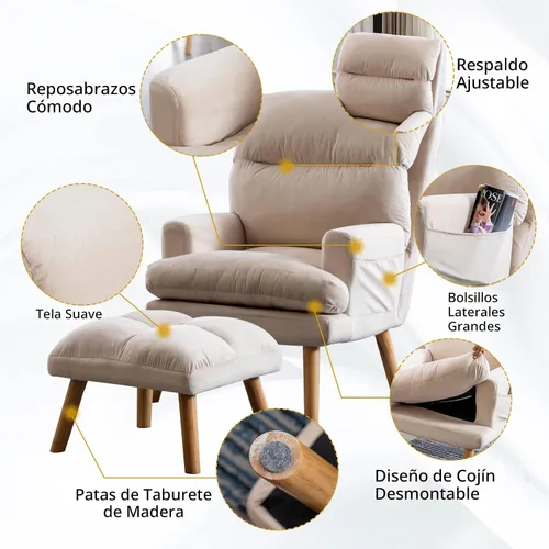 Miniatura 4 de CANMOV Silla decorativa moderna con otomana, sillón de tela suave con respaldo ajustable y bolsillos laterales, cómoda silla de descanso para sala