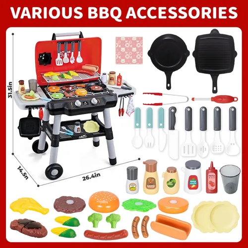 Miniatura 7 de Juguetes de cocina para niños, juego de parrilla de barbacoa para niños con humo, sonido y luz, juguete de barbacoa de 2 niveles con rueda, juguetes