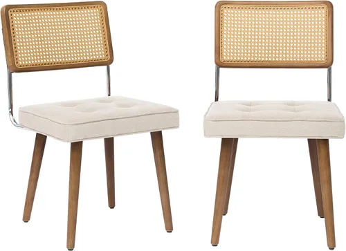 Miniatura 2 de GarveeHome Juego de 2 sillas de comedor de ratán natural, sillas de cocina tapizadas de lino con respaldo alto de caña y patas de madera fuertes