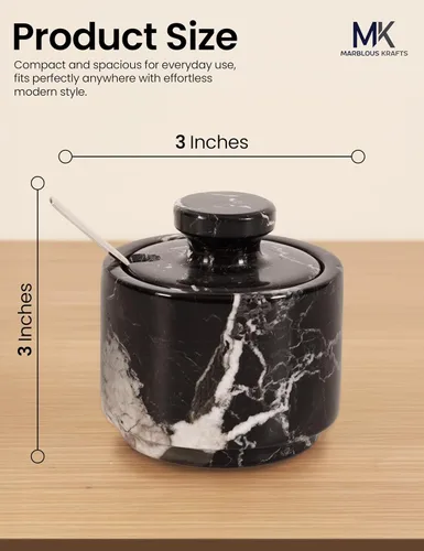 Miniatura 3 de MARBLOUS KRAFTS Salero de Mármol con Tapa y Cuchara 3" Caja de Sal Navideña Escamosa Cebra Negra para Regalo, Juego Pequeño Moderno de 2