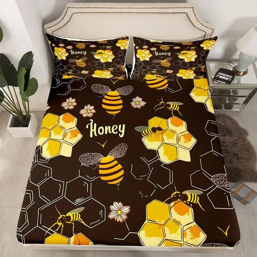 Miniatura 17 de Juego de ropa de cama de nido de abeja, sábana bajera ajustable de abeja para niños y niñas, diseño geométrico de vida silvestre voladora, juego